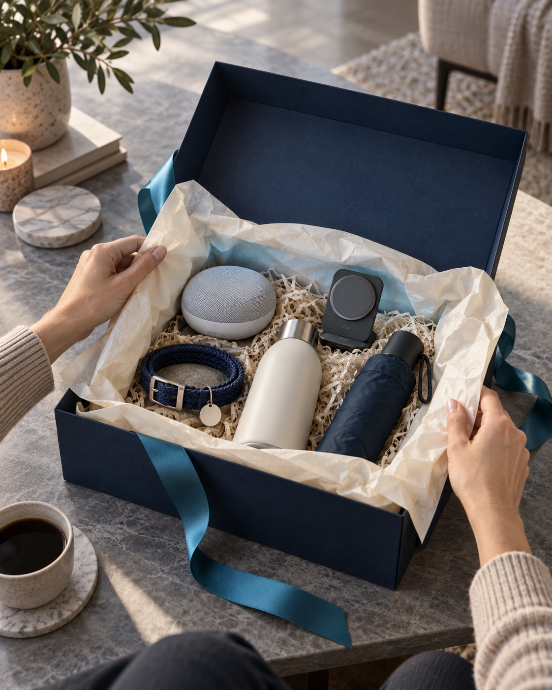 A curated selection of useful everyday products being revealed inside a premium delivery box.